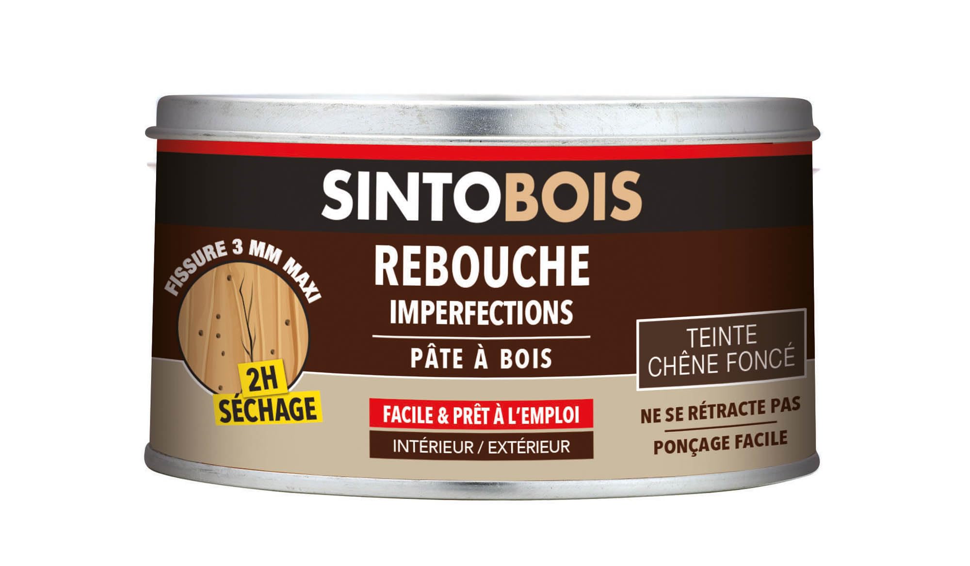 SINTO - Rebouche Petits Trous - Pâte à Bois - Prêt à l'Emploi - Sec en 2h - Formule Solvantée - Intérieur et Extérieur - Ne se Rétracte pas - Chêne Foncé - Technique Professionnelle - 250 g
