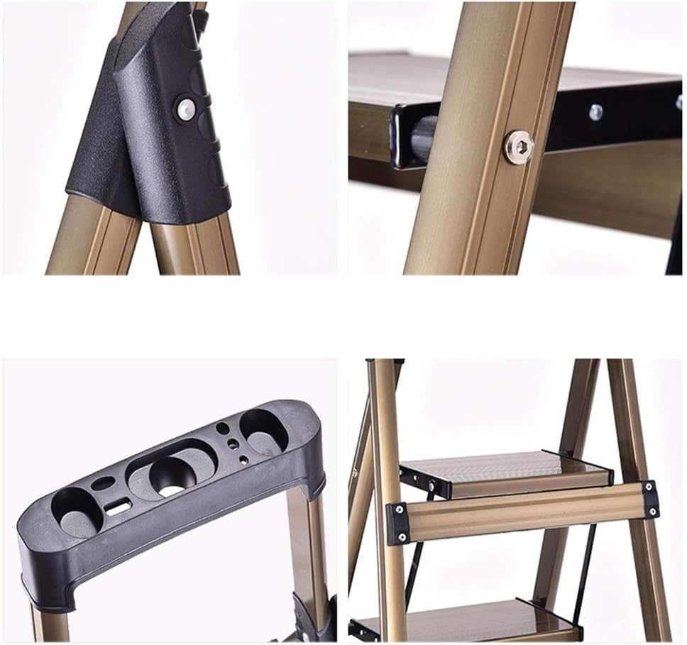 Step Stool Aluminum Alloy 3-Step Ladder, 4 Steps Anti-Slip Ladder with Tool Bench, Indoor Stepladders Stool Outdoor Portable Tool Ladder Step Ladder/Gold/37.5X49.5X120Cm