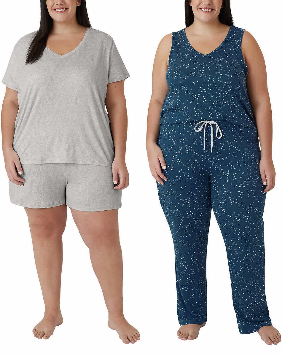 Eddie Bauer Damski 4-częściowy zestaw do spania, tank , koszulka, szorty, spodnie, Szary/niebieski, XS