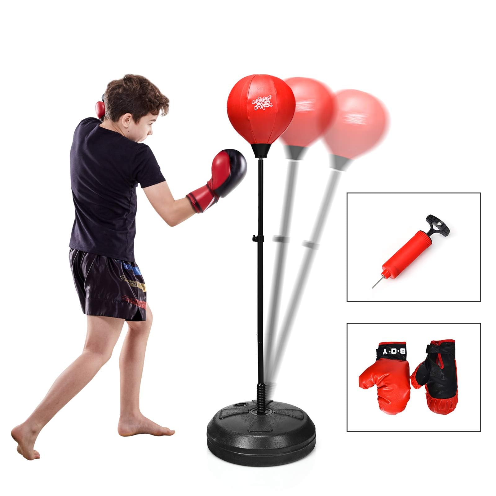 GYMAX Punching Ball avec Hauteur Réglable pour Enfants et Adultes, Sac de Frappe sur Pied avec Pompe, 2 Gants de Boxe Idéals pour l'Entraînement de Boxe, Rouge