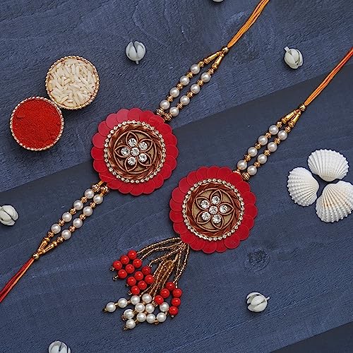 Image of eCraftIndia Pearls Designer Bhaiya Bhabhi Rakhi Set with Roli Chawal Pack | Rakhis for Brother Bhaiya Bhai