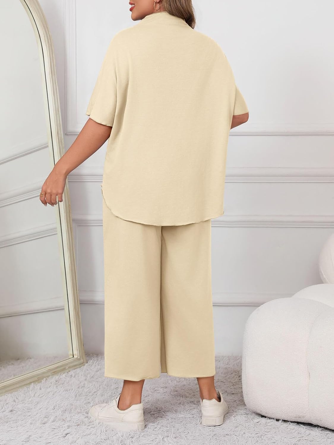 Beautife Women's Plus Size 2 Piece Outfits 3/4 Batwing Sleeve Capelet Crew Neck Pullover Top Wide Leg Pants Lounge Set - Image 2