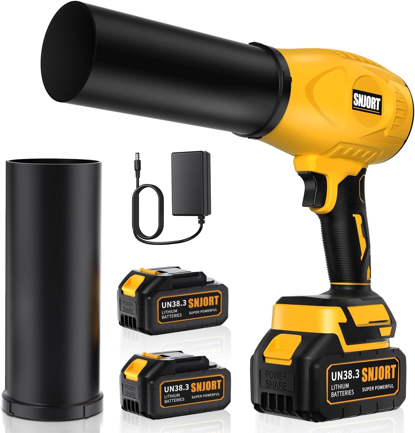 Photo 1 of **POSSIBLY FOR PARTS/ UNTESTED*** SNJORT Leaf Blower Cordless with Battery and Charger, 800,000 RPM, Extended Nozzle, Lightweight Handheld Design,Blower for Patio Cleaning,car Blowing Water, Lawn Care(Lemon Yellow)