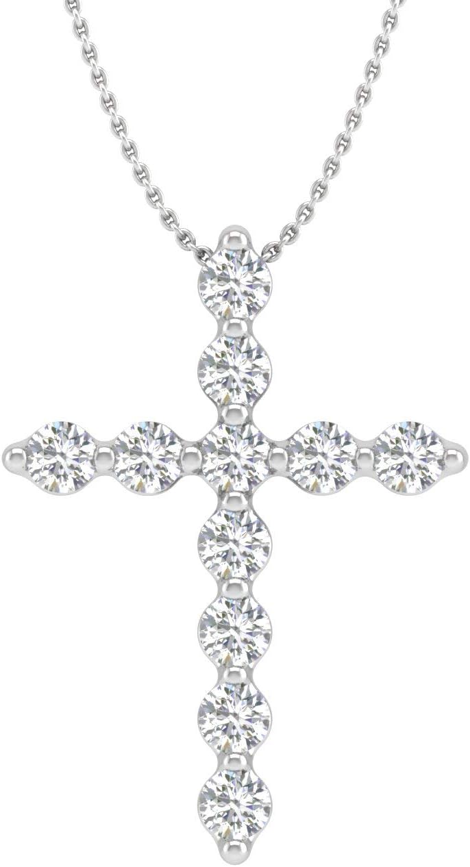1/10 to 1/4 Carat Diamond Cross Pendant Necklace in 10K White Gold (Silver Chain Included) (I1-I2 Clarity)