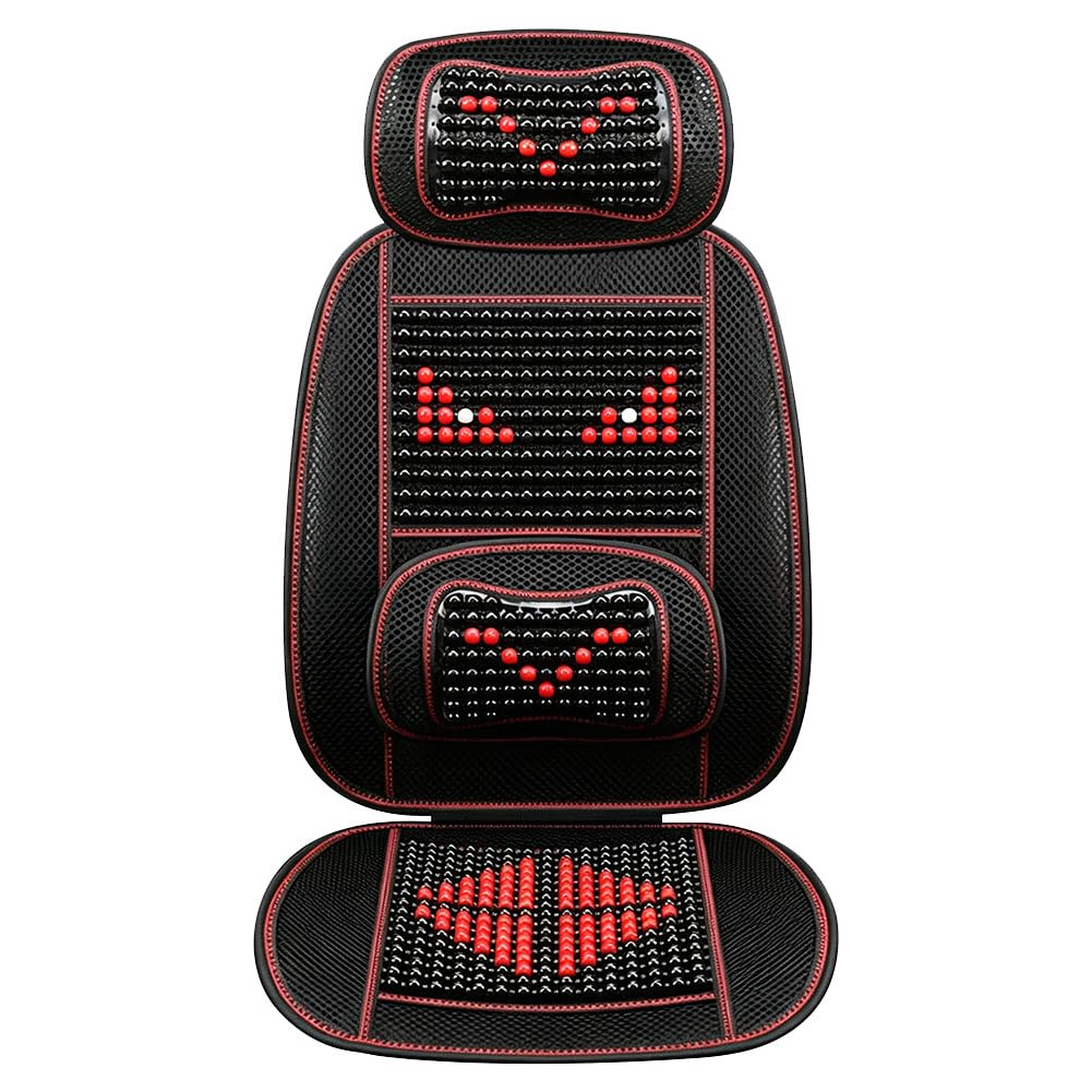 Cojín de Asiento de Masaje Transpirable y Fresco para Verano, cojín de Asiento de Coche con Cuentas de Madera, Reposacabezas Negro y Rojo