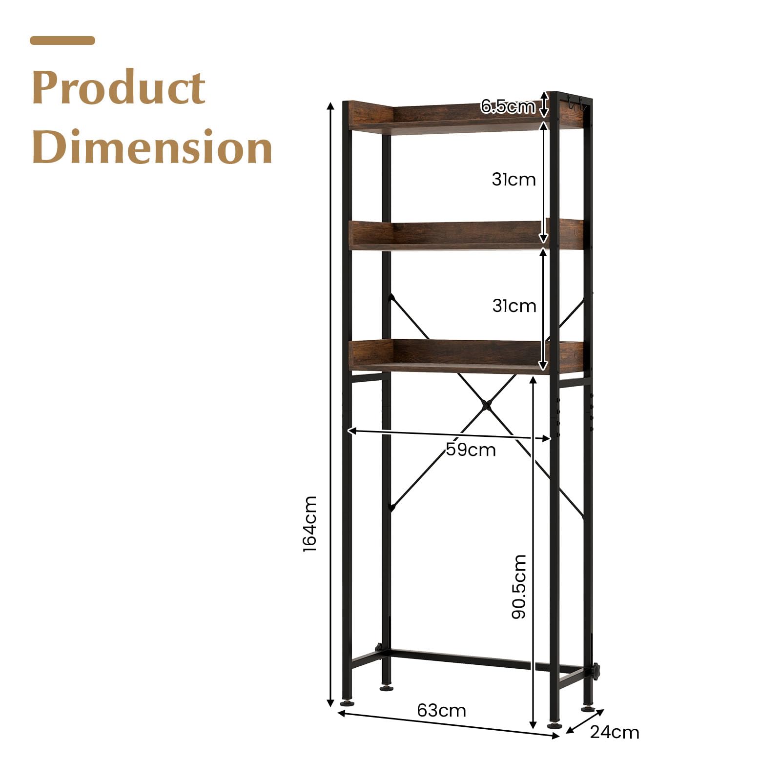 LIFEZEAL Mueble sobre indoro, Estante de 3 Niveles con 4 Ganchos, Mueble de almacenaje de baño, Estilo Industrial, Dispositivo antivuelco (Marrón)