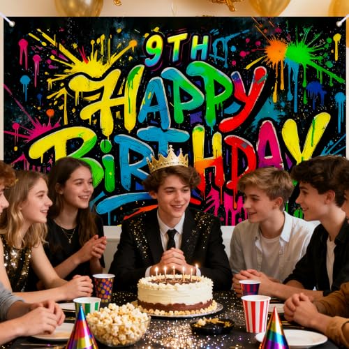 Image of Nuxovilar 71x43 inch Graffiti 9th Happy Birthday Banner