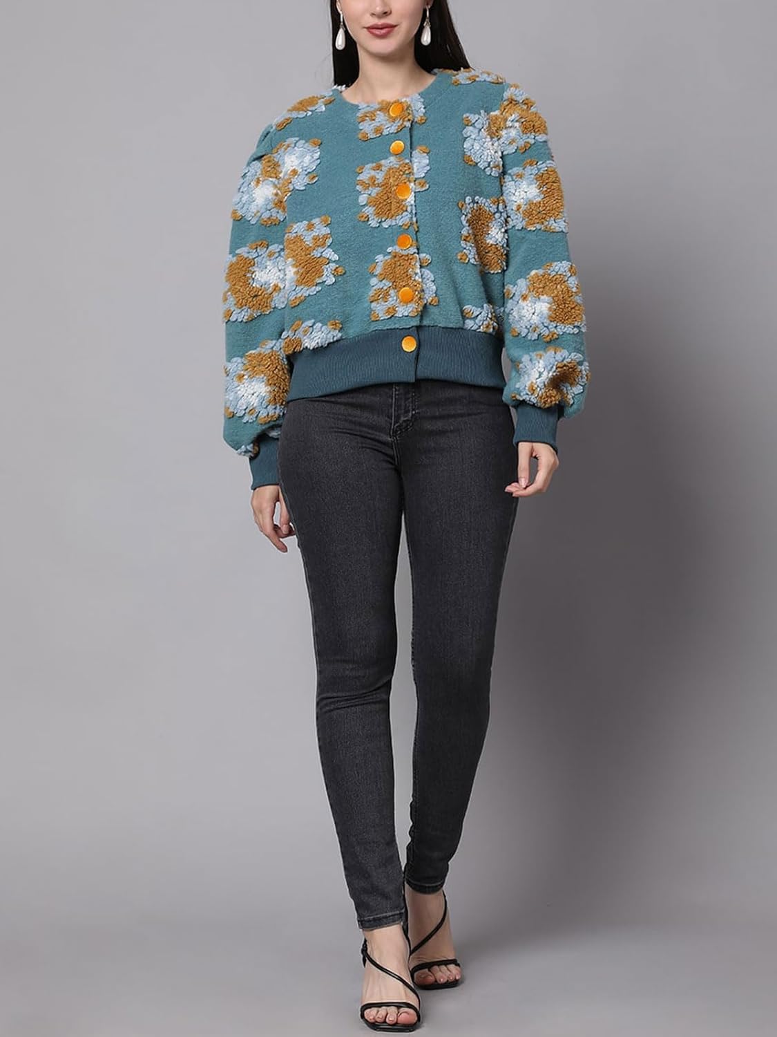 KANSOON Bomber Jacket Women Cropped Floral Button Down Varsity Jacket Long Sleeve Casual Streetwear Fall Winter Warm Coat
