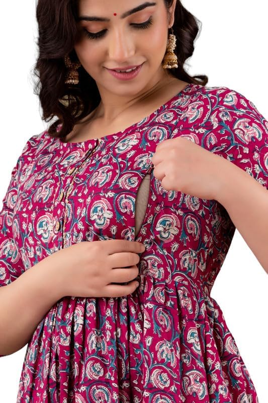 JAIPURFAMEMaternity Feeding Kurti with Zipper | Cotton Floral Printed Pregnancy & Nursing Dress | Comfortable & Stylish Maternity Wear for Women | Breastfeeding Kurta with Zipper | Soft & Elegant