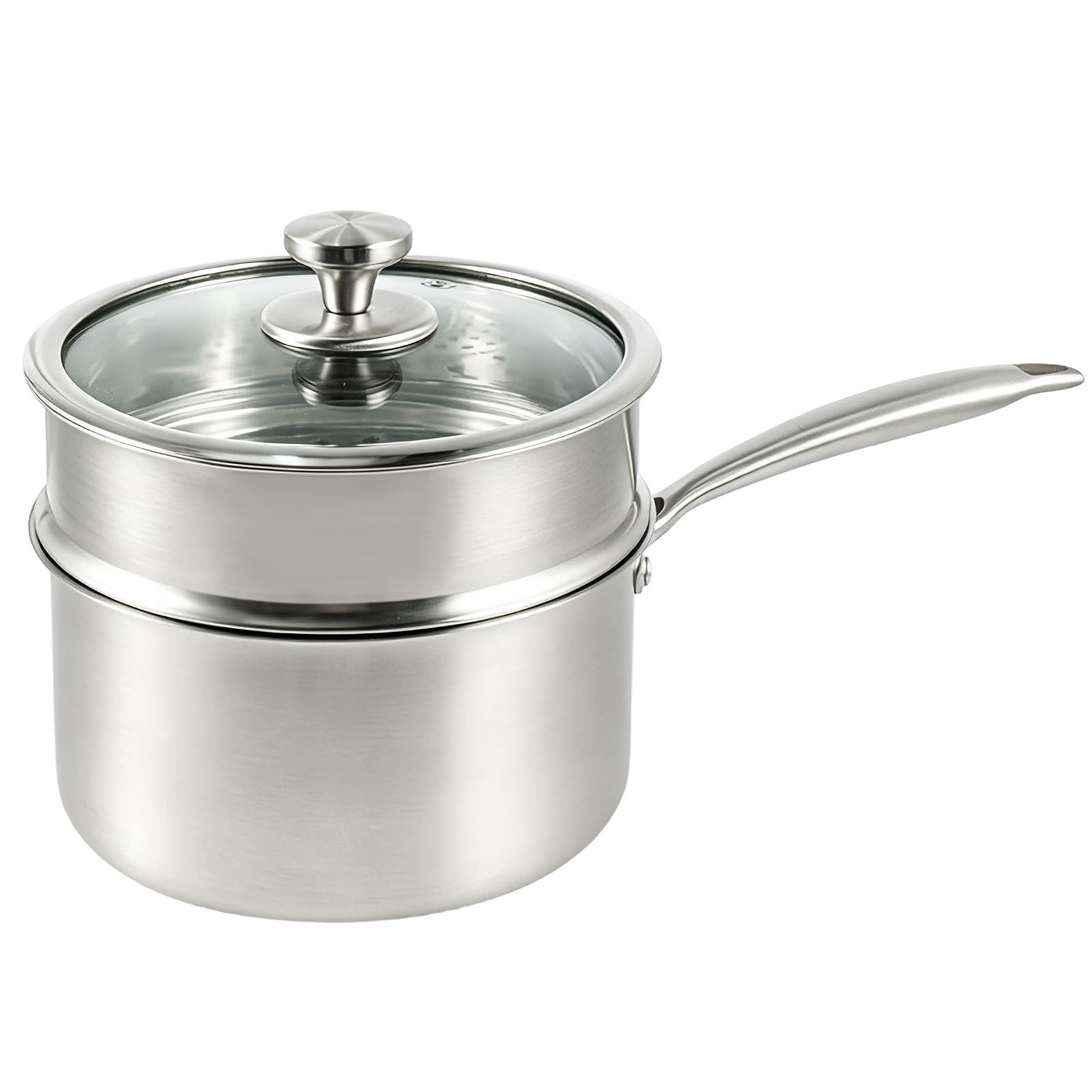 EVERGOODS Stainless Steel Sauce Pan with Steamer Basket – Small Non-Stick Cooking Pot with Lid, Induction Compatible, Ideal for Vegetables, Oatmeal, Soups Baby Food (Silver L)