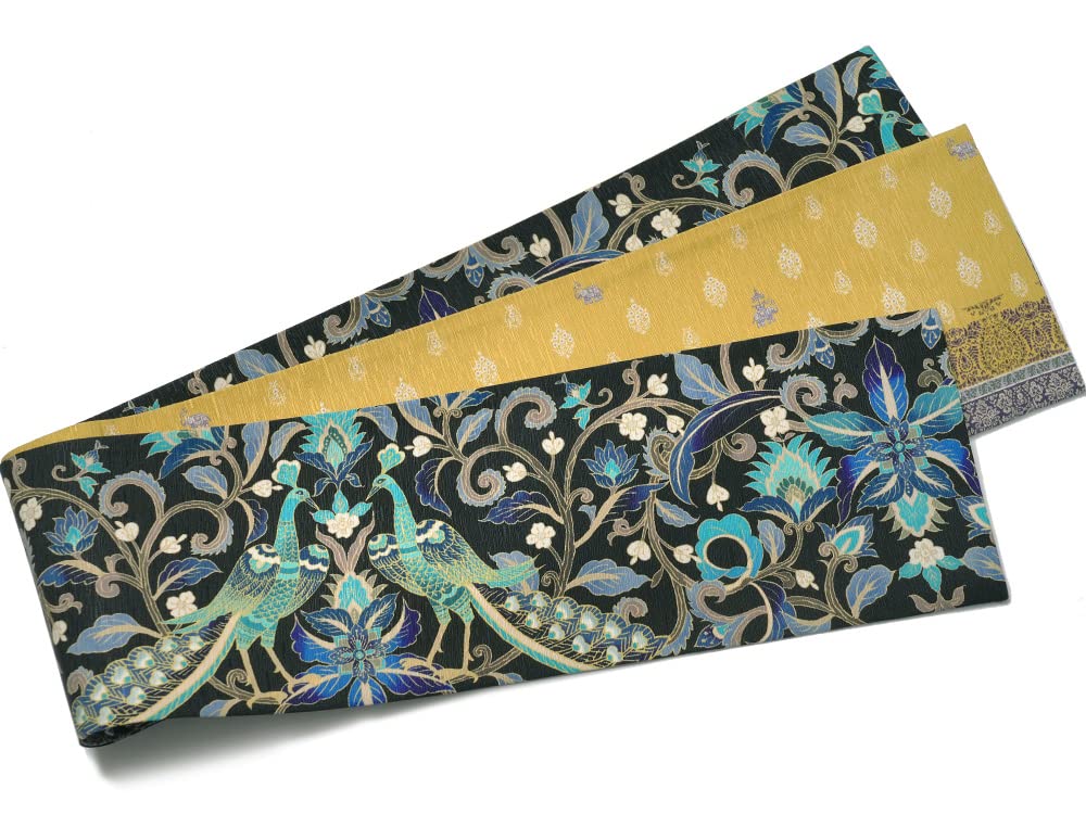 Amazon | [dear-japan]WAKKA 帯 半幅帯 正絹 孔雀王 黒 ターコイズ 青  