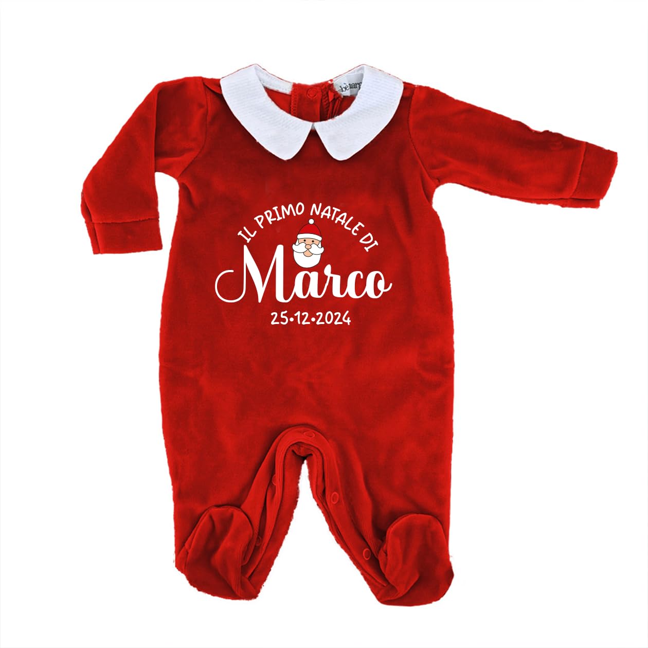 Generico ''Primo Natale'' Tutina Natalizia in Ciniglia Rossa per Neonato con Colletto Bianco e Scritta e nome personalizzato Pagliaccetto Festivo per Prima Infanzia idea regalo natale nascita