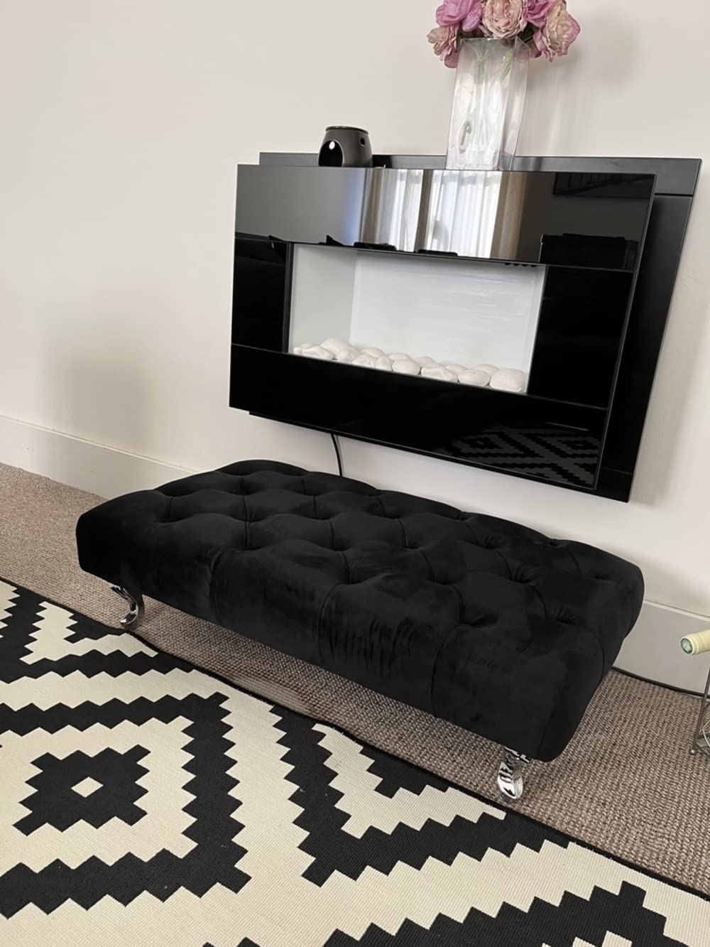 mm08enn Rectangular Colchester footstool, coffee table, Footrest Home Chair in Plush Fabric 92cmx 50cmx 25cm (Black Plush)