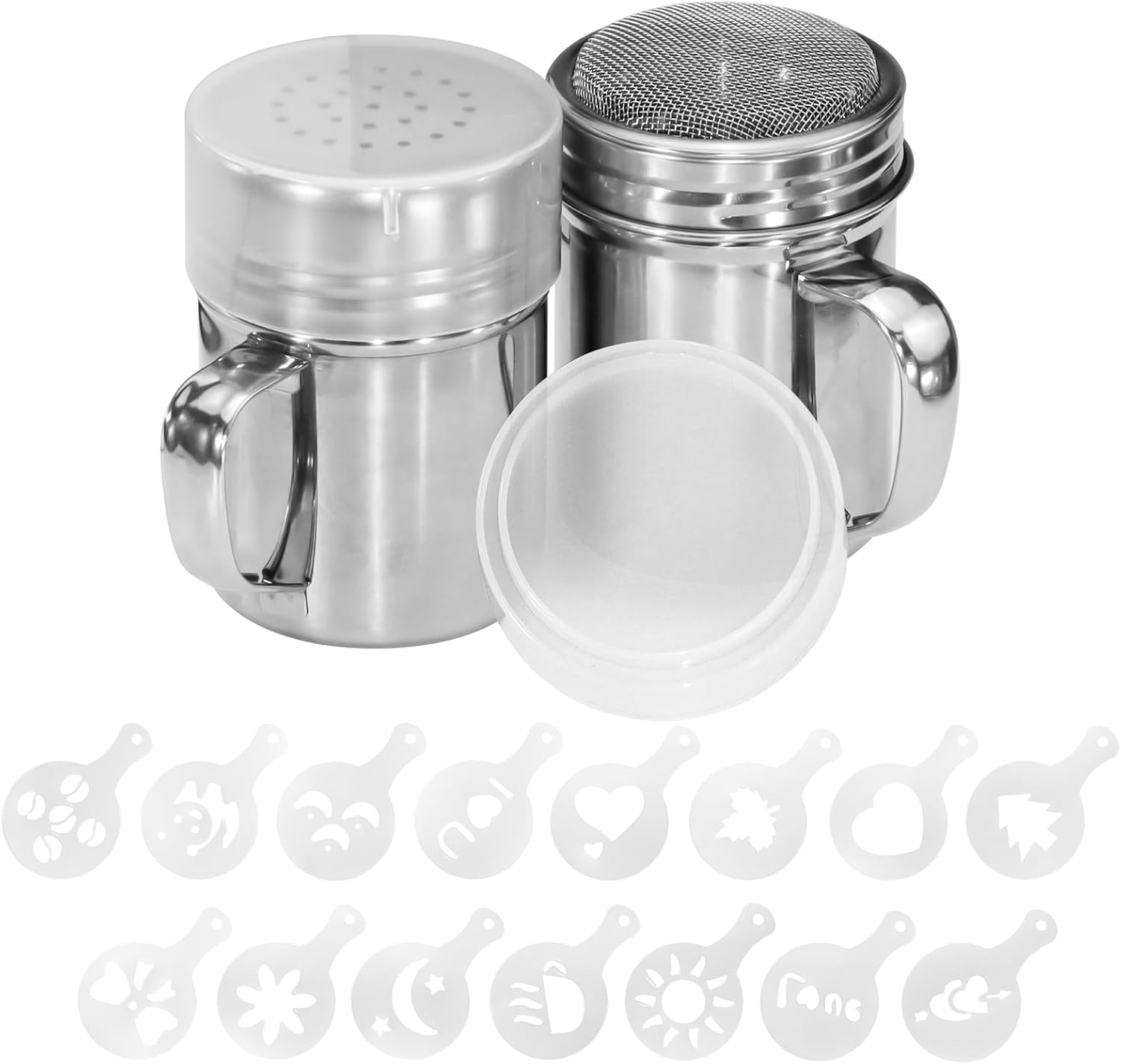 2Pcs Powdered Sugar Shaker Duster with Handle, 304 Stainless Steel Powder Sugar Sifter with 16pcs Coffee Stencils, Dredge Shaker for Flour Cinnamon, Fine & Medium Mesh