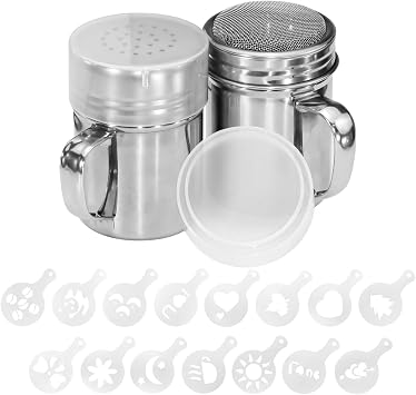 2Pcs Powdered Sugar Shaker Duster with Handle, 304 Stainless Steel Powder Sugar Sifter with 16pcs Coffee Stencils, Dredge Shaker for Flour Cinnamon, Fine & Medium Mesh