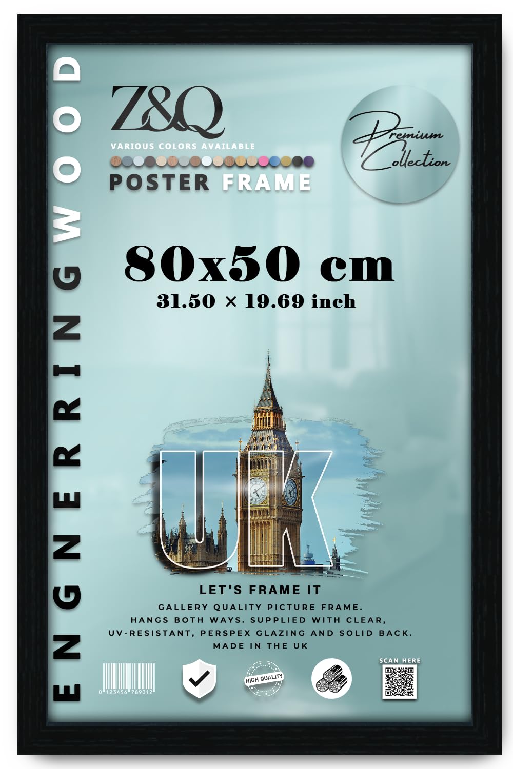 Z&Q Wall Display Pictures Posters Photo Frame Black - 80cm x 50cm Crystal Clear Front MDF Backing With Both Ways Hanging Hooks - Home Office Use