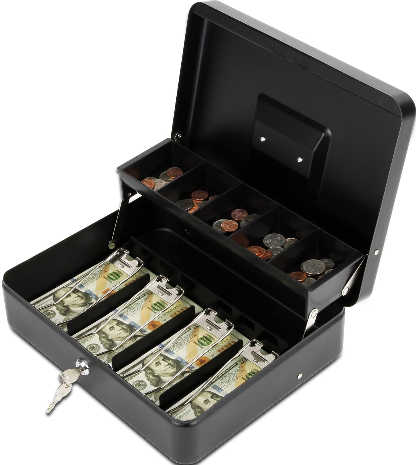 TERRIFI Lock Safe Box, Cash Box with Lock and 2 Keys, Metal Money Box with Cash Tray, Lock Safe Box for Office Business, 4 Bill/5 Coin Slots, 29.97L x 24.13W x 8.89H cm (Side Key-Black)