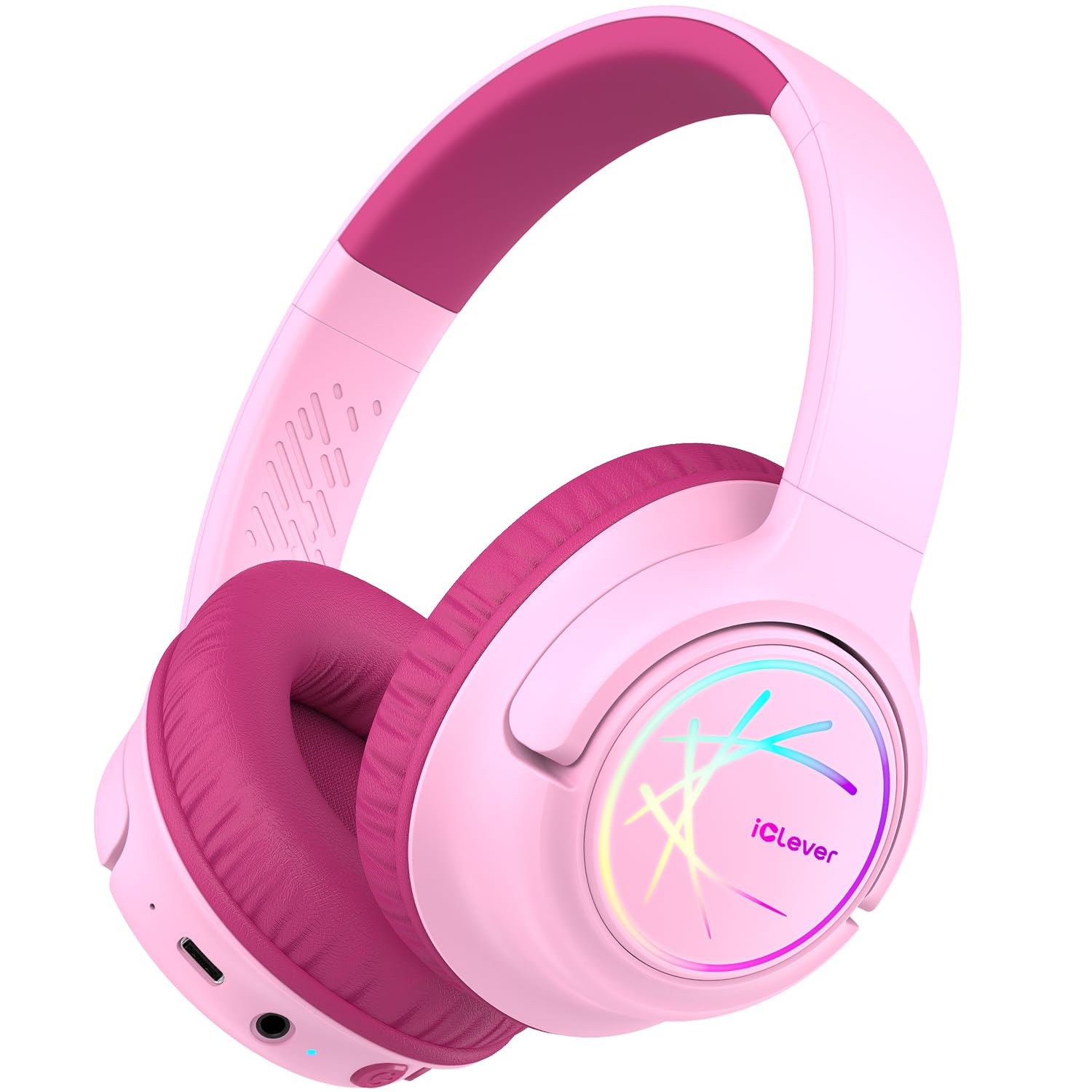 iClever Bluetooth Kopfhörer Kinder mit LED-Leuchten, 74/85dBA Lautstärkebegrenzung, 43 Stunden Spielzeit, Stereo-Sound, Typ-C, AUX-Kabel, Bluetooth5.3 Kinderkopfhörer für Tablet/Reisen