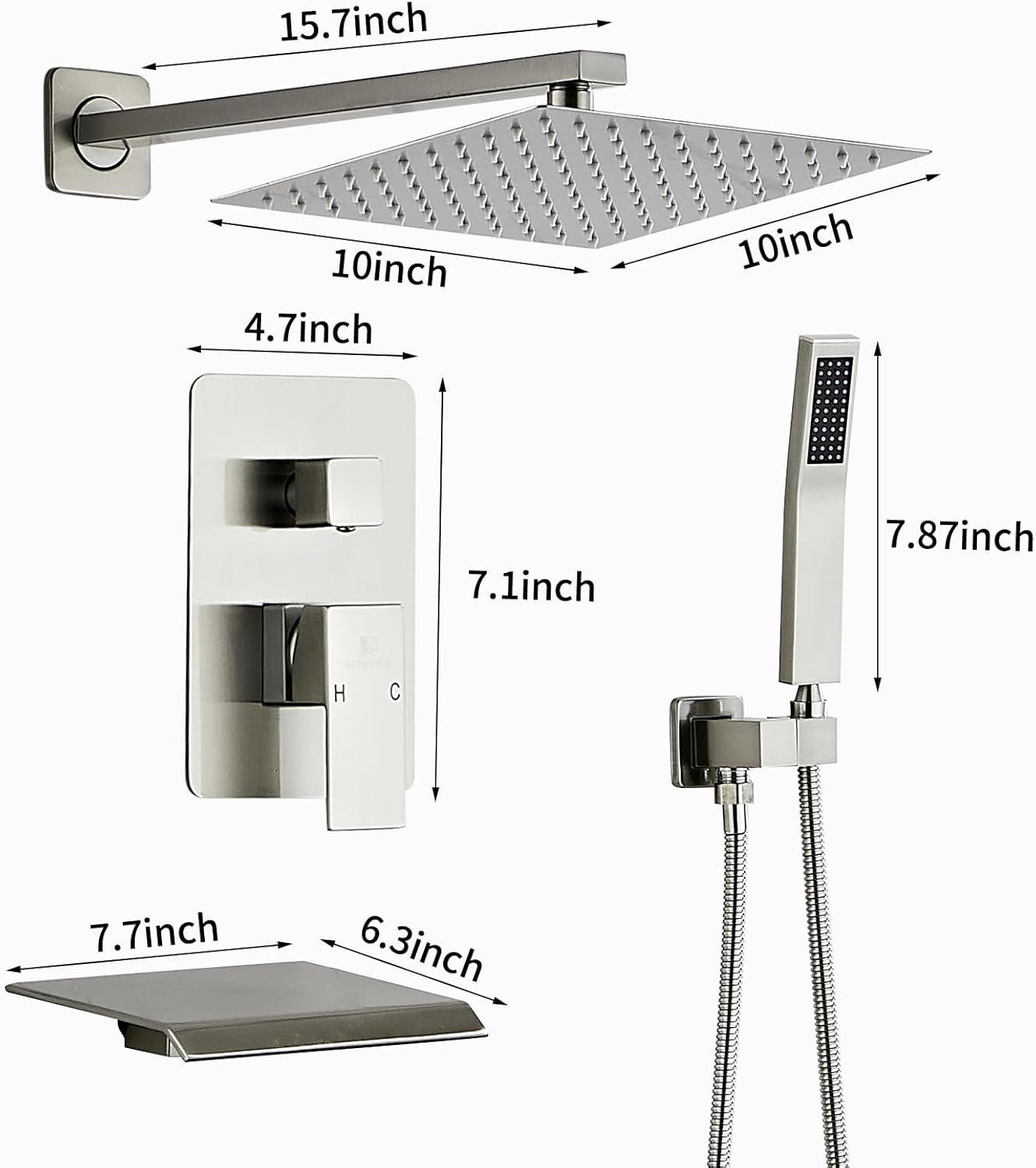 Brushed Nickel Rainfall Shower Faucet Set with Tub Spout 10 Inch, Shower Head and Handle with 2 Hooks, Rain Shower and Handheld Shower System Square Wall Mount for Bathroom