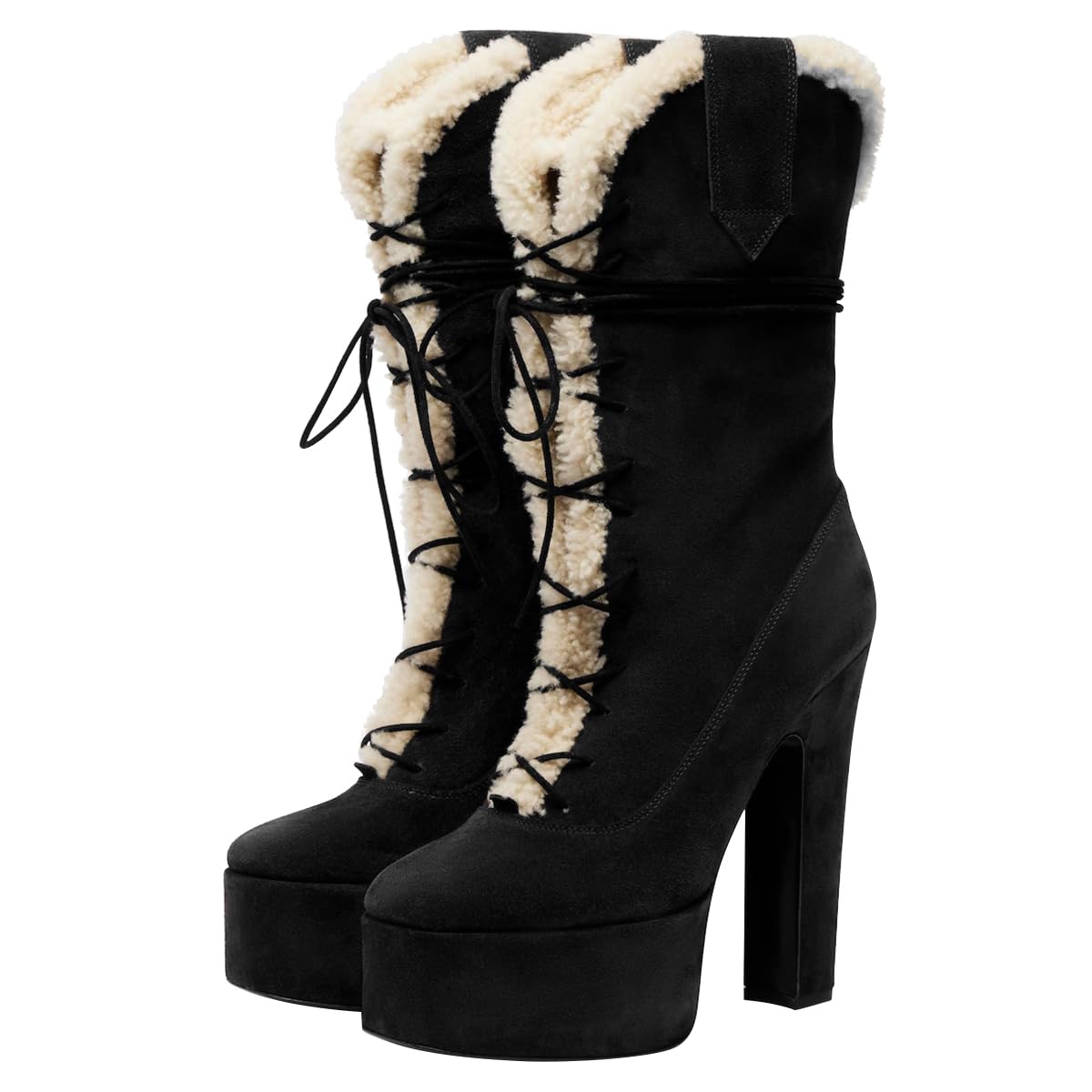 FOWT Women Platform Lace-Up Mid Calf Boots Square Closed Toe Fur Lined Chunky Block High Heel Cozy Winter