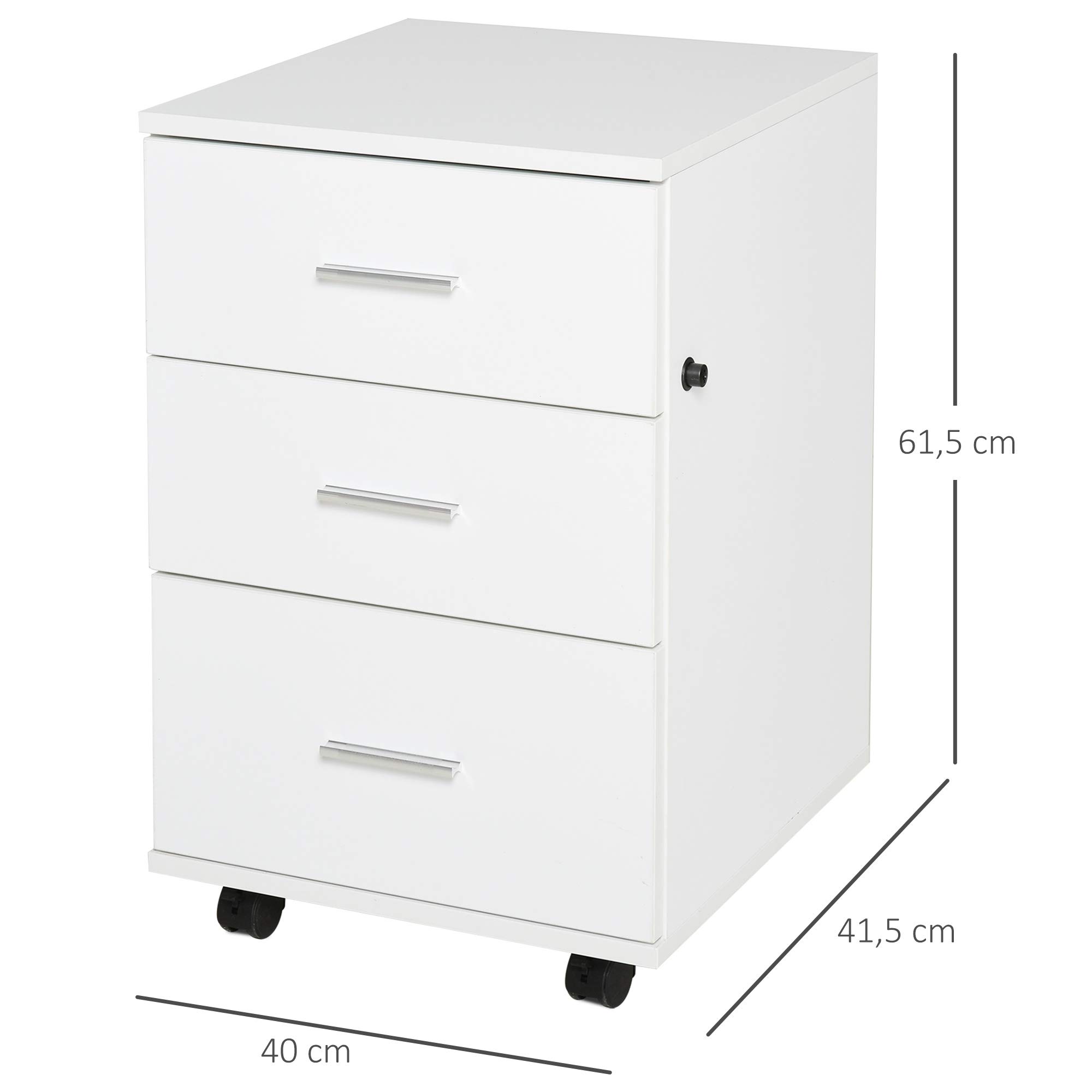 HOMCOM Caisson de Bureau Rangement Bureau sur Roulettes 3 Tiroirs Verrouillables 40 x 40 x 61,5 cm Blanc