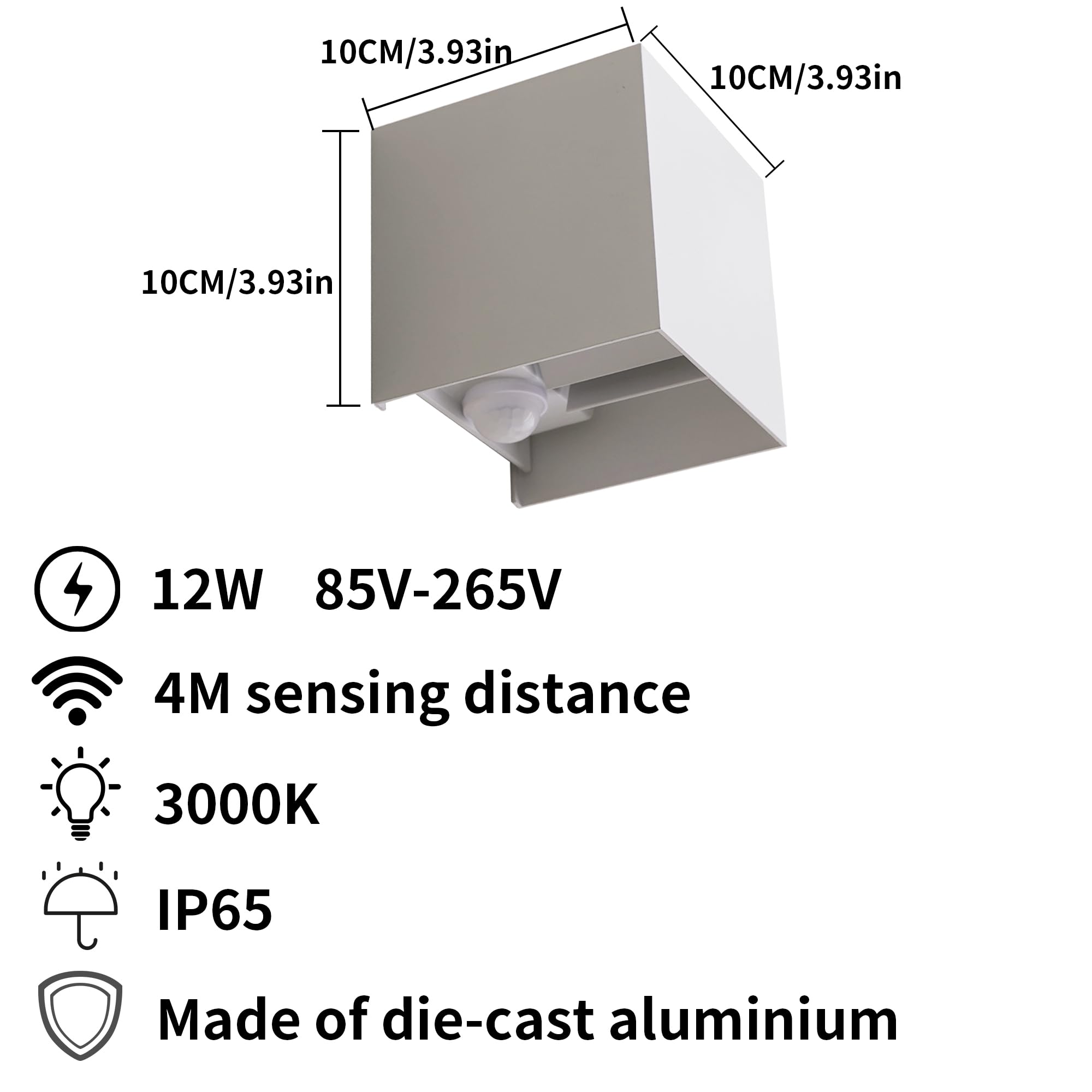 KarlpaSW PIR Up Down Outside Lights 2pack,12W Outdoor Wall Lights with Sensor Mains Powered Dawn to Dusk,3000K IP65 White Cube LED Wall Lamp for Side Door,Hallway,Garden - Image 3
