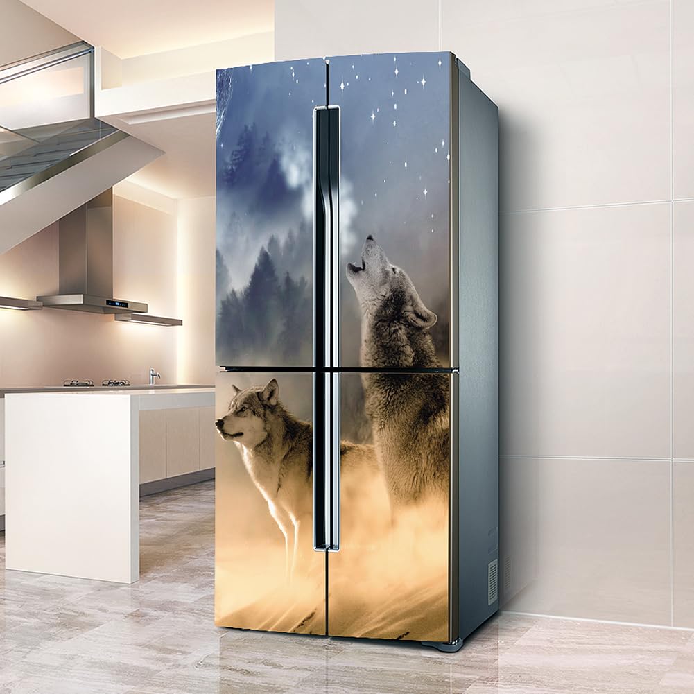 Fridge Wraps Kitchen Fridge Stickers Cover Full Doors, Fridge Sticker Full Covering Door Fridge Covers Skins Wall Stickers for Kitchen Decal, Wolf Howling Forest Starry Sky