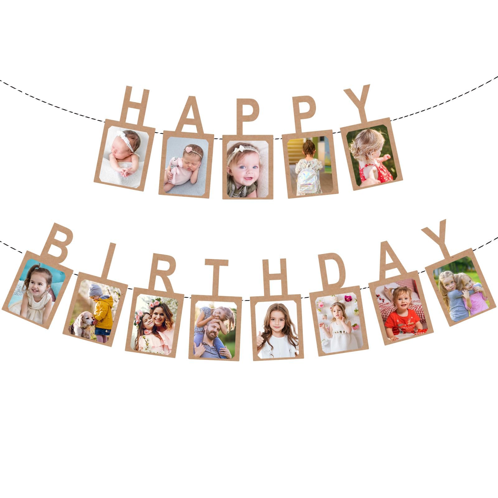 Birthday Party Decor, 2 Pcs Vintage Kraft Card Paper Photo Banner, Birthday Picture Frame Bunting Garland, Retro Photo Display Ornament, Classic Decor Supplies for All Birthday Celebrations(6inches)