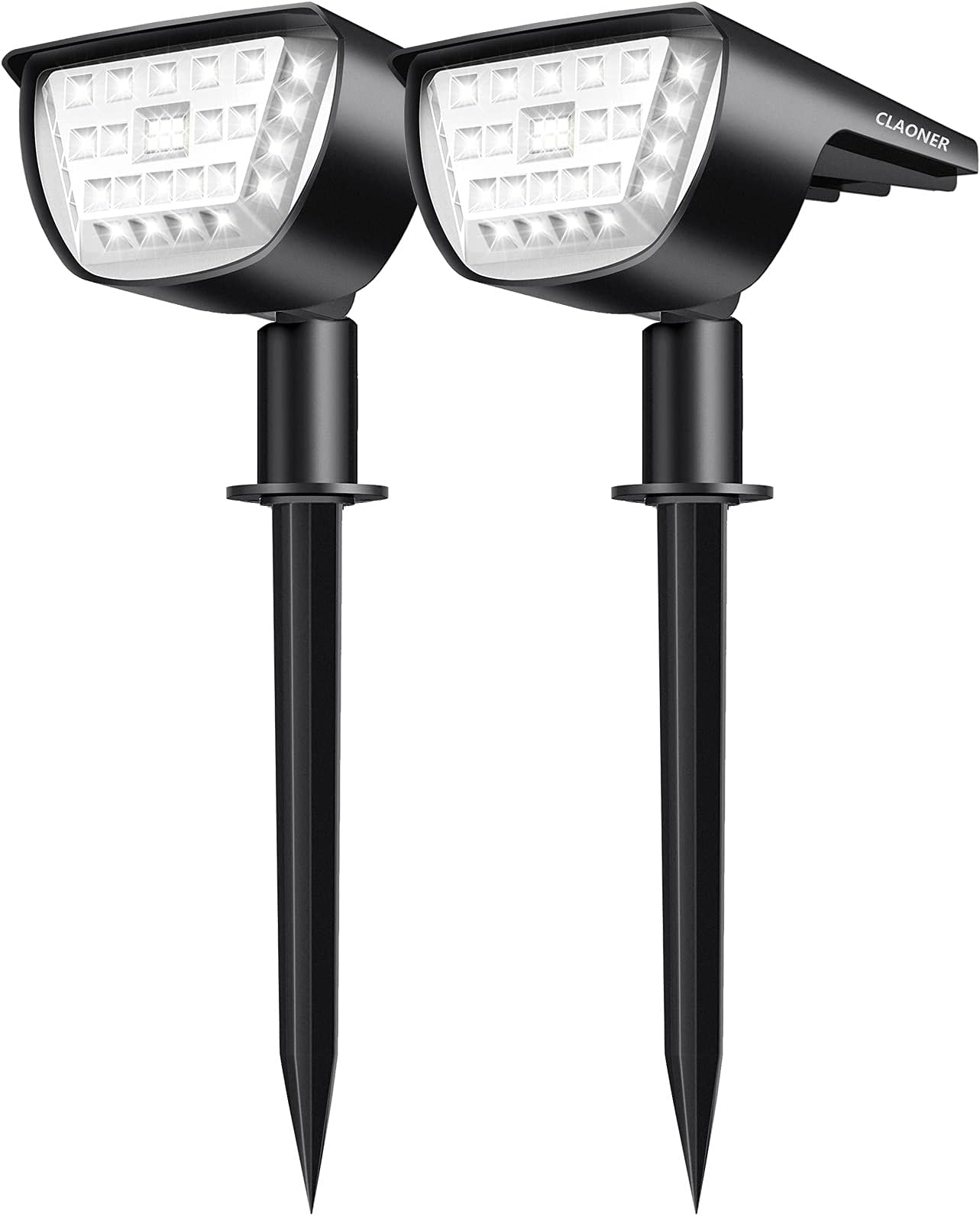 Claoner Solar Spot Lights Outdoor, 3 Lighting Modes IP65 Waterproof Solar Lights Outdoor, 2-in-1 Flood Lights, Landscape Spotlights for Yard Backyard Trees House Garden -32 LED/Cold White(2 Pack)