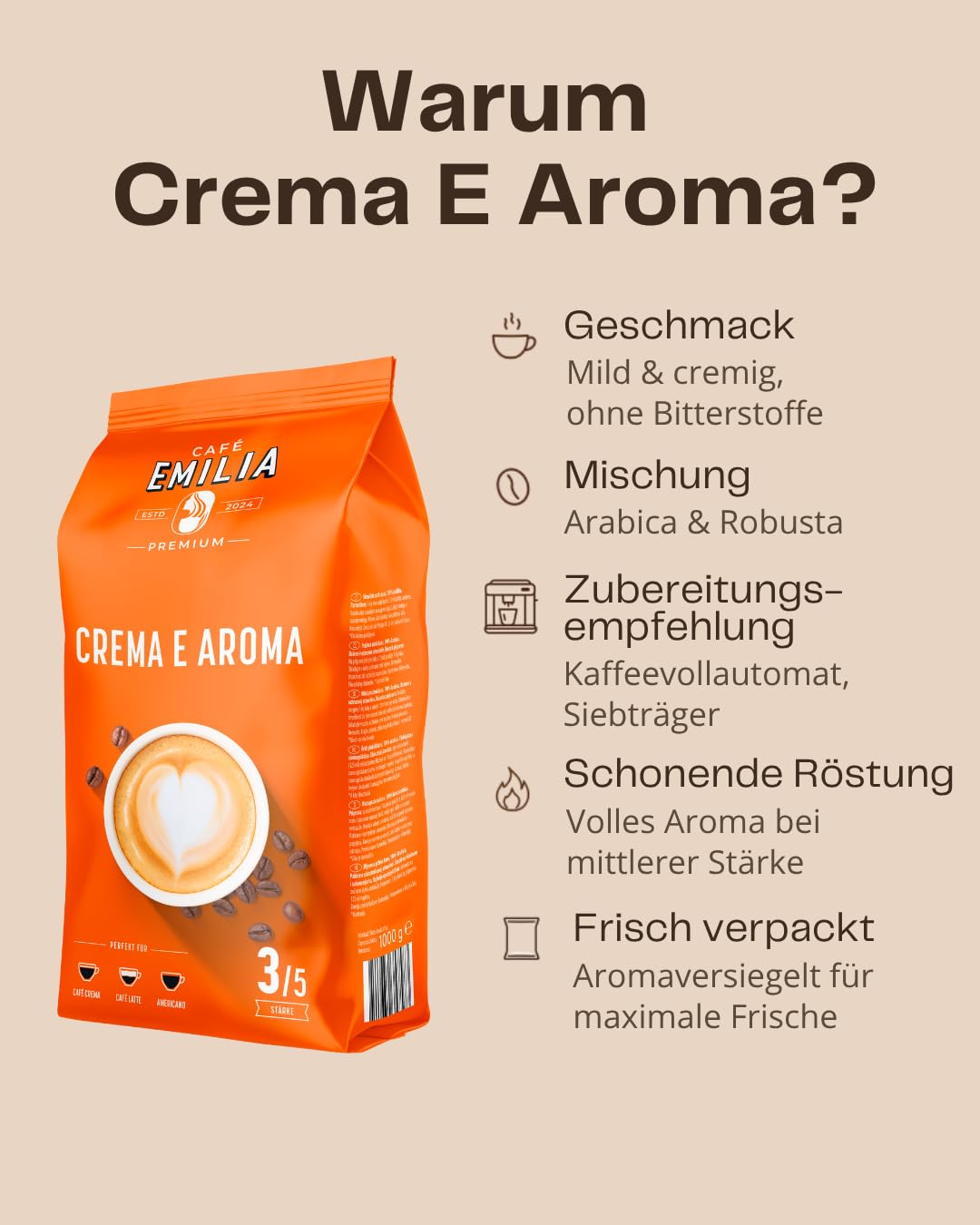 Café Emilia Crema e Aroma, Kaffeebohnen, Stärke 3/5, 8 x 1KG | Harmonischer Blend, mittlere Röstung, für Vollautomaten & French Press, ideal für Café Crema, Café Latte oder Americano