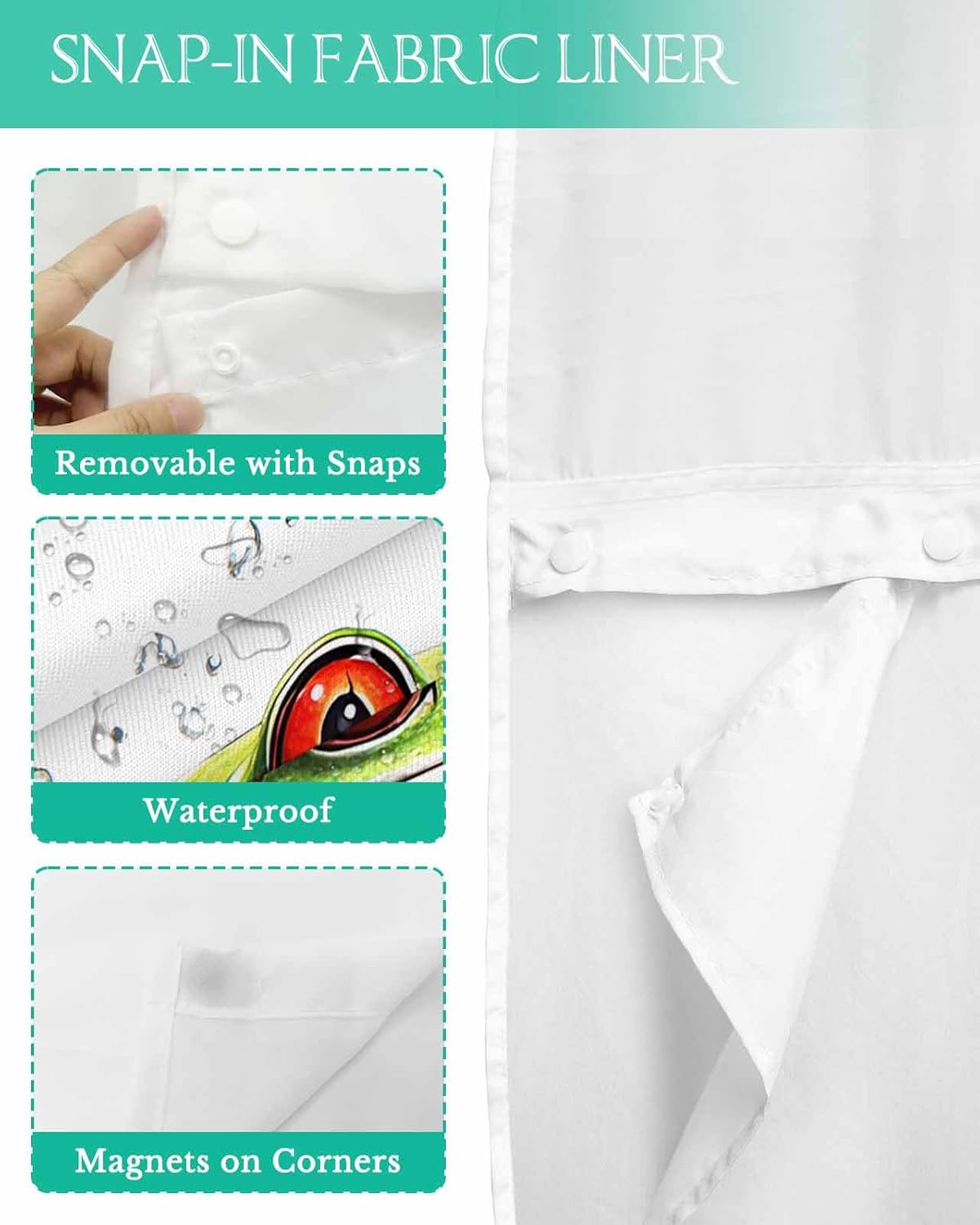 Prime Leader No Hook Shower Curtain with Snap in Liner Frog Watercolor Frog Water Surface Hand-Painted Shower Curtain for Bathroom, Fabric Waterproof Inner Liner with Mesh Top Window, 72x72