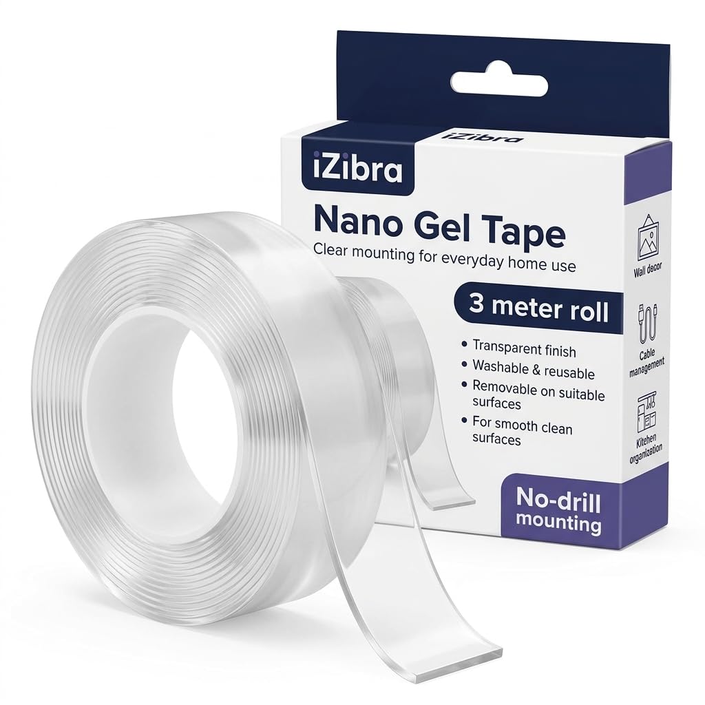 iZibra Multipurpose Double Sided Tape Heavy Duty - Adhesive Silicone Tape, Heat Resistant, Multi-Functional, Removable, Washable, Reusable Anti-Slip Gel Nano Grip Tape- 3 Meter