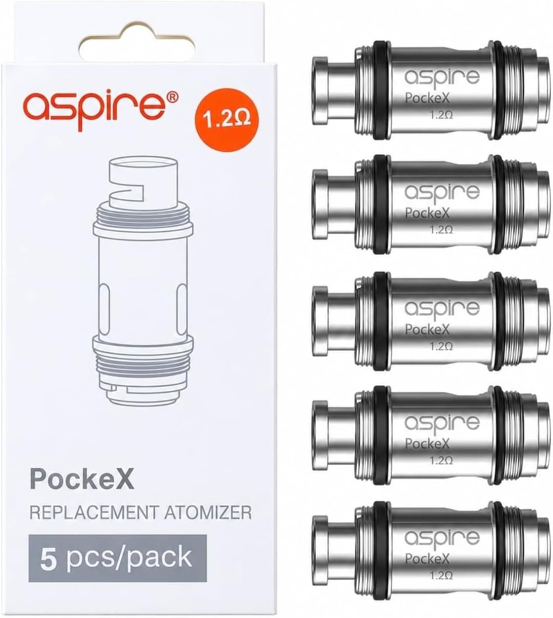 Aspire PockeX coils 1.2 ohm for PockeX kit AIO Vape Pen, Pack of 5, No Nicotine