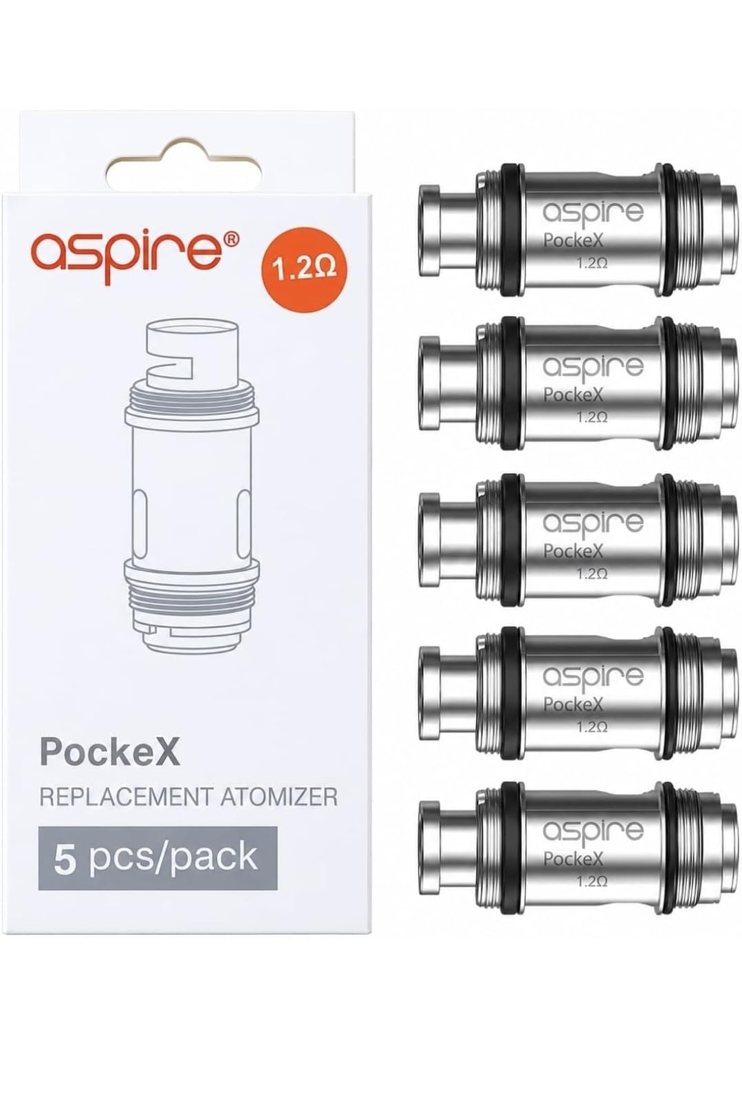 Aspire PockeX coils 1.2 ohm for PockeX kit AIO Vape Pen, Pack of 5, No Nicotine