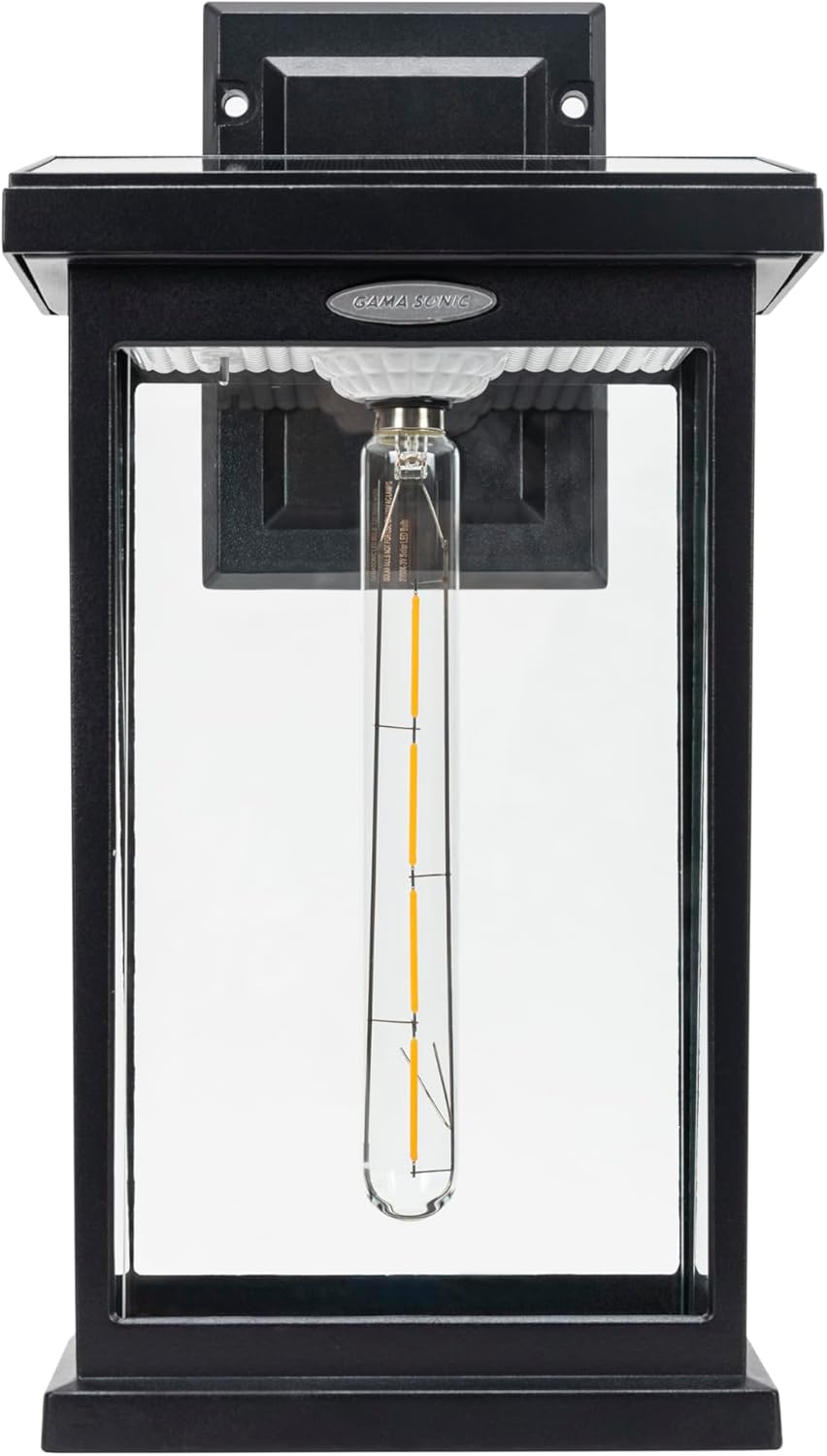 Gama Sonic Modern Farmhouse Solar Wall Light, Outdoor Sconce Lamp with Dusk-to-Dawn Sensor, Black Aluminum and Glass, 130B50010