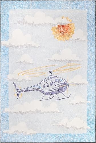 SUPERIOR World Traveler Helicopter - Alfombra de tejido plano de poliéster para interiores con respaldo antideslizante, 4 x 6 pies, color azul SUPERIOR World Traveler Helicopter - Alfombra de tejido plano de poliéster para interiores con respaldo antideslizante, 4 x 6 pies, color azul
