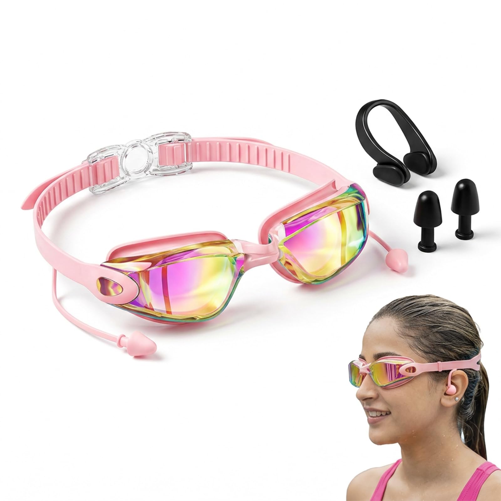 QhgPnt Swimming Goggles, Pink Goggles for Women, Anti-Fog Clear Vision Swim Goggles with Earplugs and Nose Clip, Secure Fit for Pool Training and Open Water Swimming, Youth and Recreational Swimmers