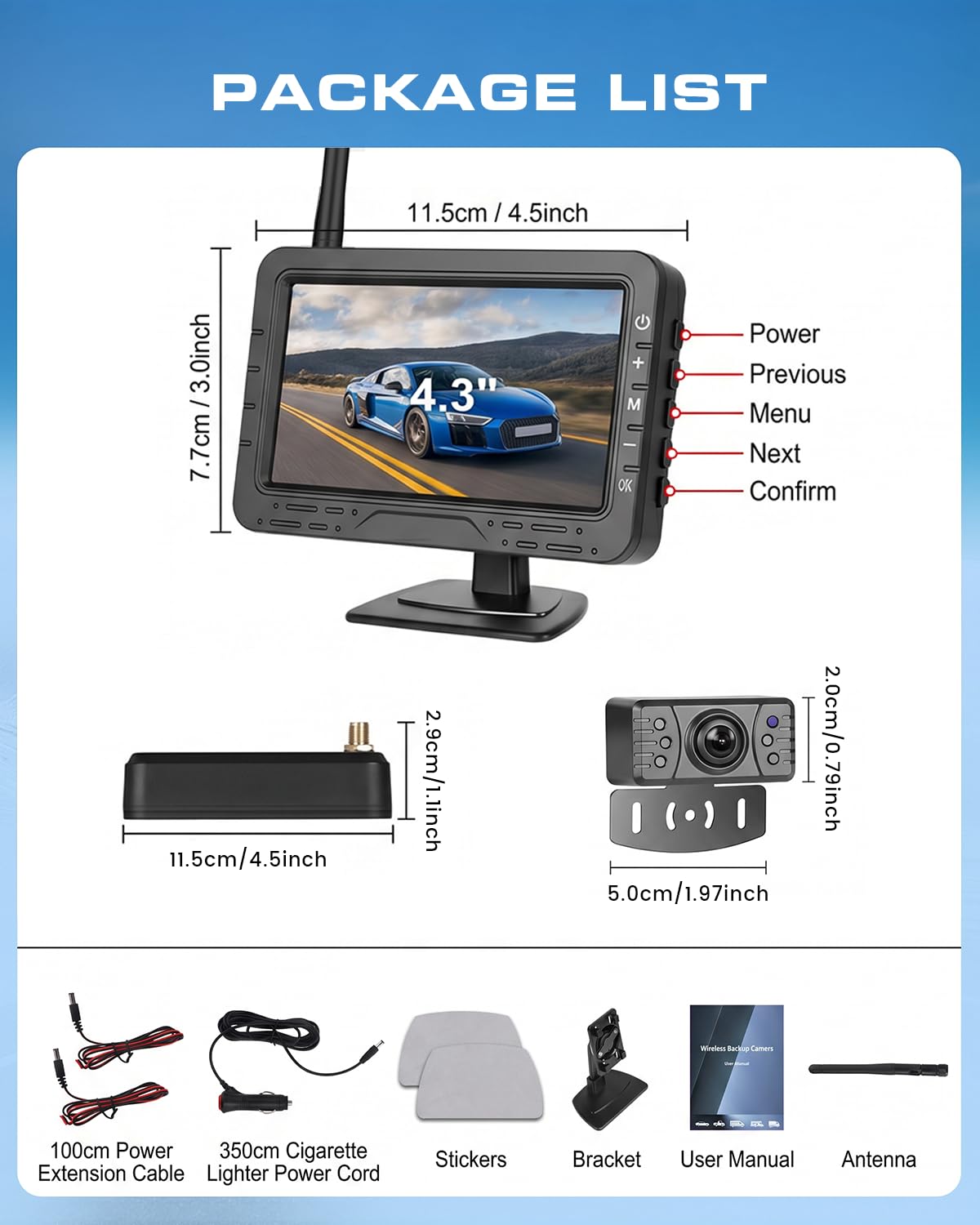 4,3" Wireless Cámara de Retroceso System para Mini-Auto Van SUV Pickup | Wireless Kit Cámara de Retroceso con Grado de Protección IP68 Función Visión Nocturna Cable de Cuadrícula DIY Gran Angular