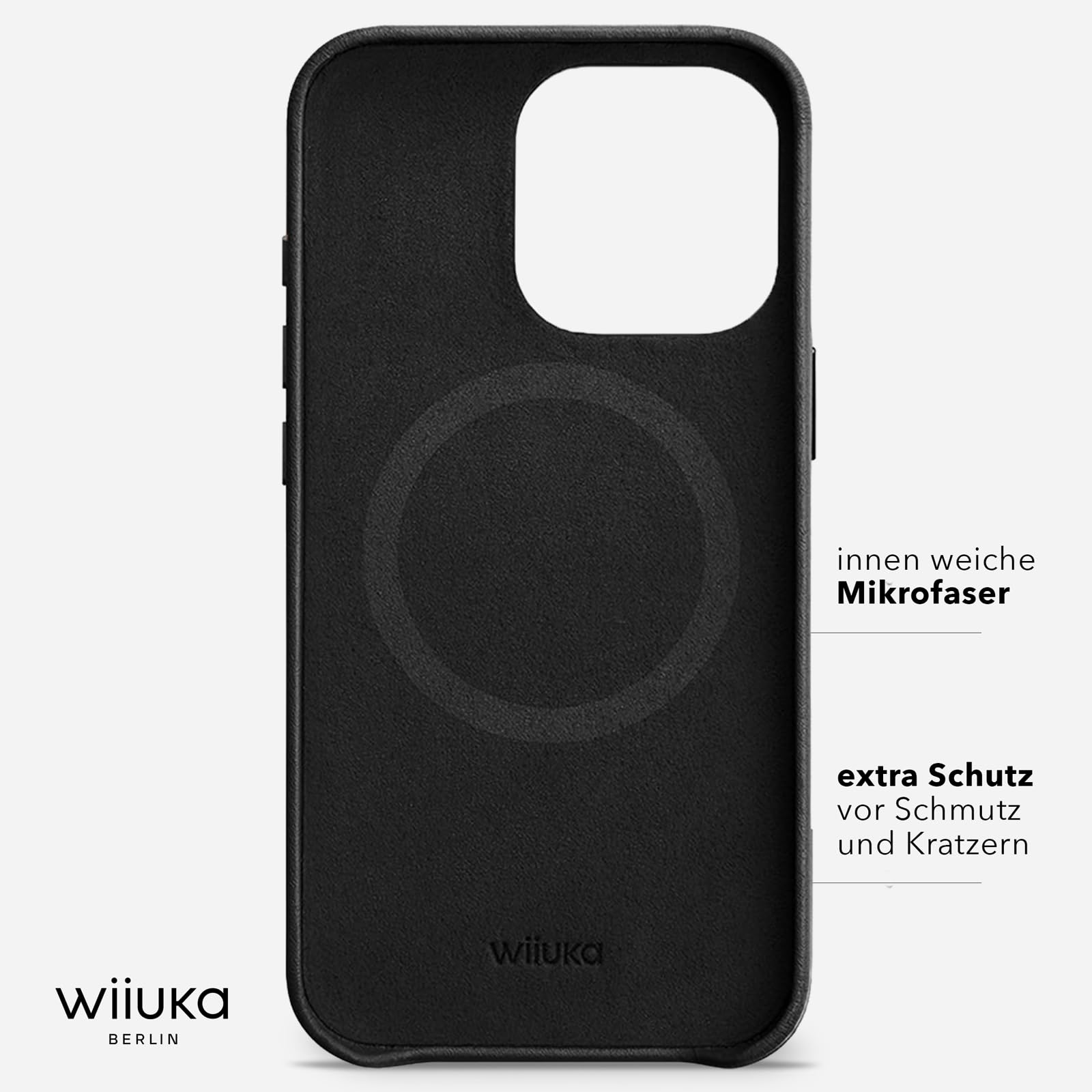WIIUKA Hülle für iPhone 15 Pro, Leder aus Deutschland, Lederhülle extra Dünn, Premium Handyhülle, Case, Qi, Vintage Schwarz