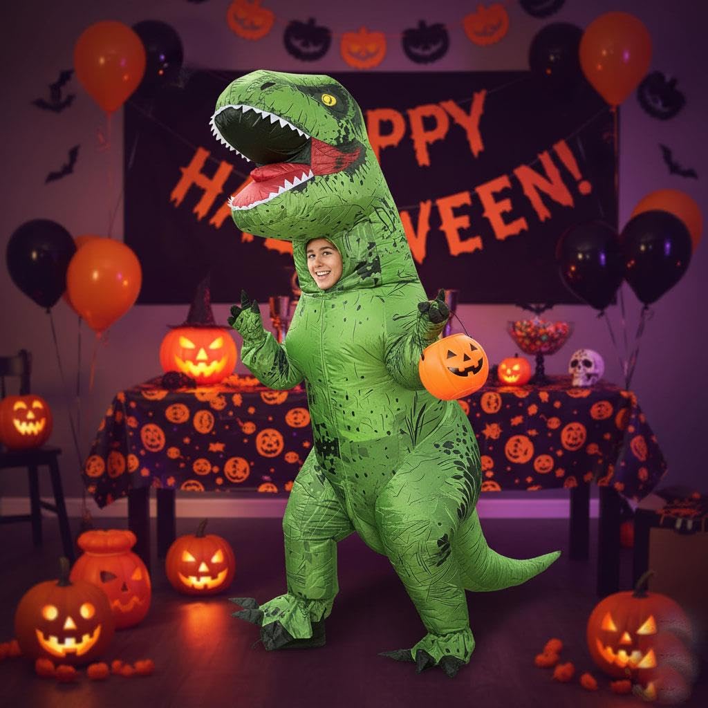A2Z 4 Kids Nadmuchiwany kostium dinozaura na Halloween dla chłopców i dziewcząt, T-Rex, fantazyjny strój z wachlarzem i akumulatorem, zielony, jurajski, Halloween, przyjęcie, cosplay, jeden rozmiar