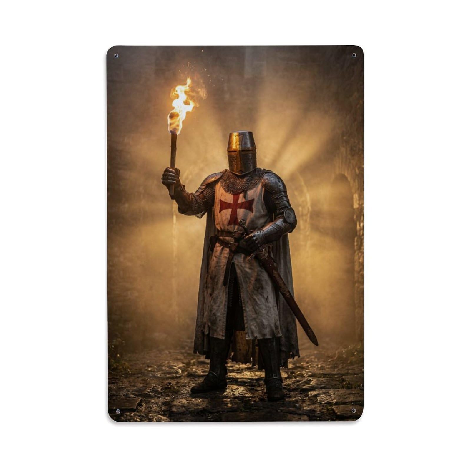 Olhnbad Style Torch Bearer Medieval Armour Knight Templar Radiant Metal Tin Sign