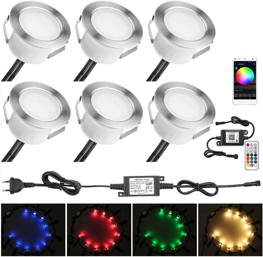 INDARUN Foco empotrable LED punto de piso - Luz empotrada Acero inoxidable resistente al agua IP67 1W Ø45mm para patio, jardín, decoración, interior y exterior [Rgbw + Alex -6 Piezas ]