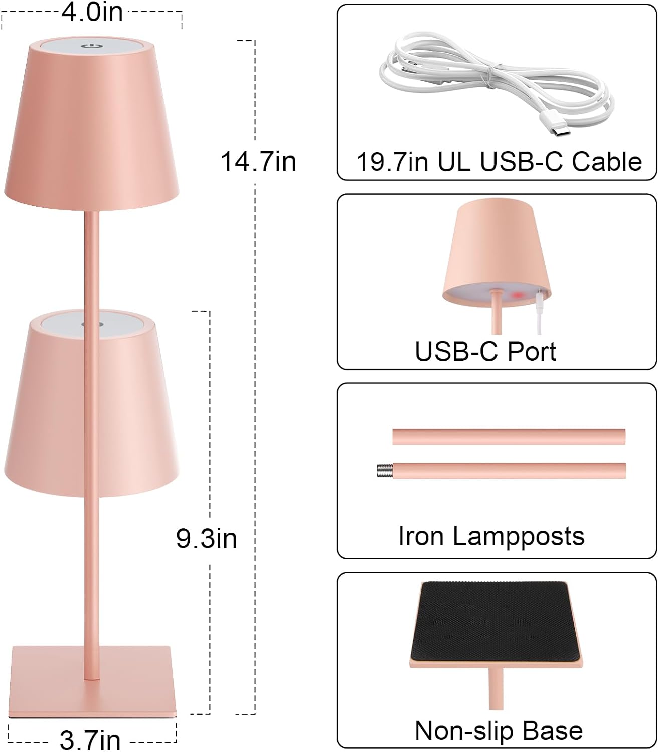 Kakanuo Pink Cordless Rechargeable Table Lamp 5000mAh Battery Operated Lamps, 3 Colors Stepless Dimming Touch Lamp for Living Room, Kitchen Counter, Dining, Outdoor Patio, 2 Pack thumbnail