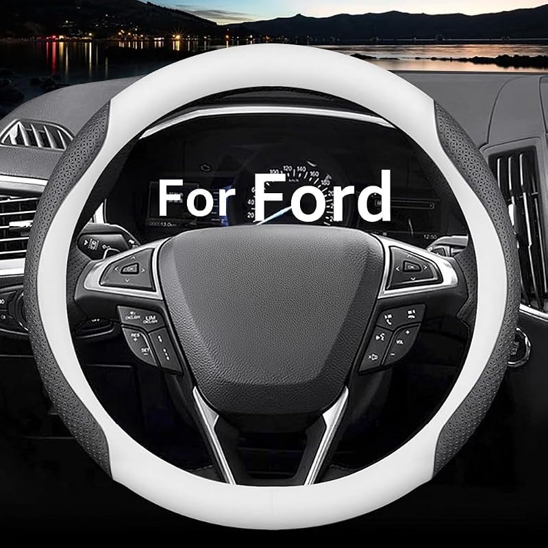 HAOTULE Nappa Leather Slim and Stylish Steering Wheel Cover, for Ford Steering Wheel Cover Accessories Interior Modification, (White and Black)