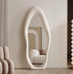 Full Length Mirror 63"x24", Irregular Wavy Mirror, Arched Floor Mirror, Wall Mirror Standing Hanging or Leaning Against Wall for Bedroom, Flannel Wrapped Wooden Frame Mirror (White)