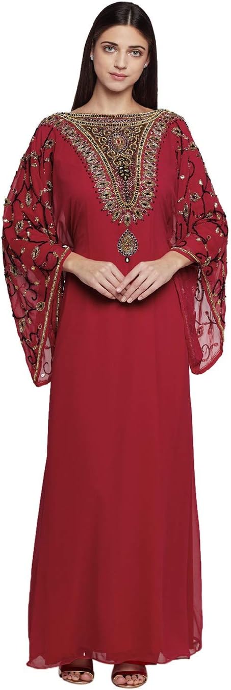 ANIIQWomen Dubai Kaftan Farasha Caftan Long Maxi Dress Long Sleeves Georgette Ethnic, Evening Party,Wedding with Free Scarf