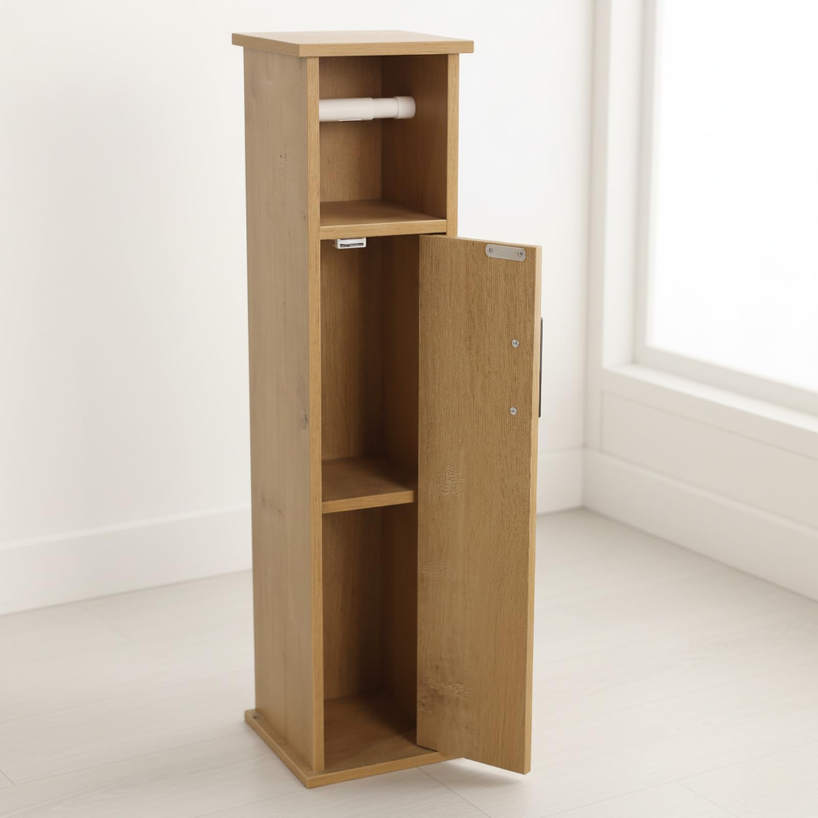 XZ-23014 Armario de Baño Alto y Estrecho con Compartimentos – Mueble Organizador para Papel Higiénico – Columna de Almacenaje 76,5 cm – Puerta con Manija Metálica – Color Roble