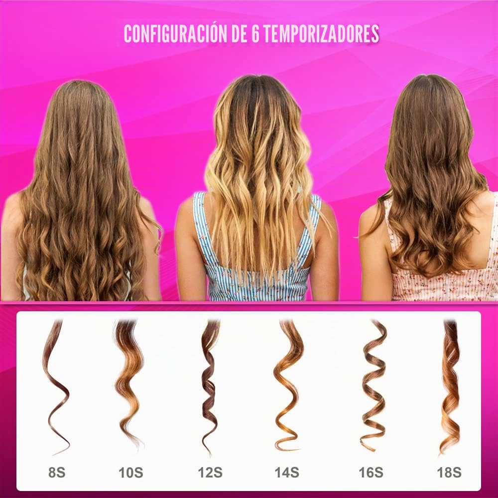 Rizador pelo Automático, Inalámbrico, Ondas, Ondulador Rizos, Portátil Barril de Cerámica de Calentamiento Rápido con Temperatura y Temporizador Ajustables.