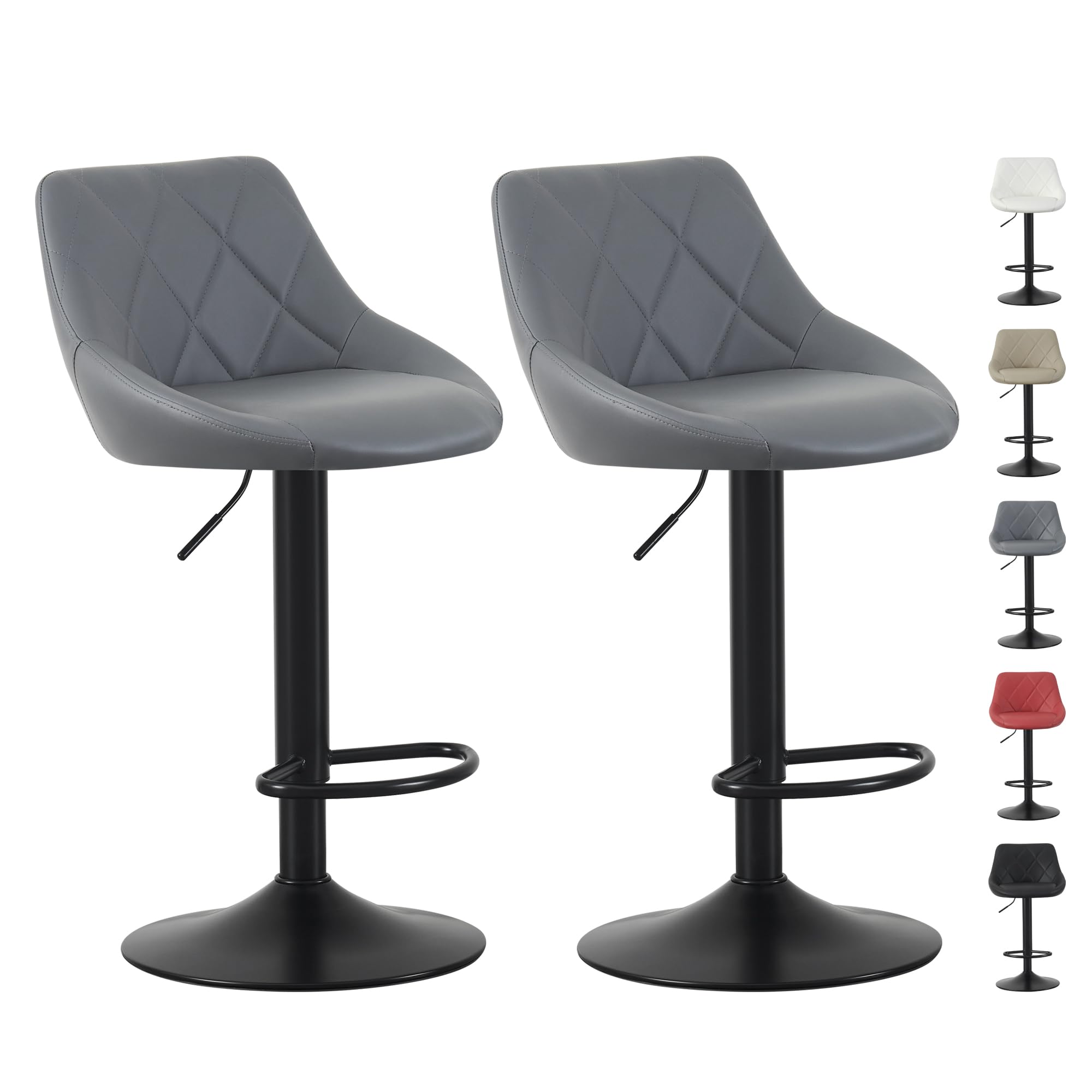 mcc direct Set of 2 Bar Stools, Height Adjustable Swivel Barstools, Counter Stools with Backrest, Faux Leather Seat, Footrest and Metal Base for Home, Kitchen and Restaurant (Grey) - Stanley