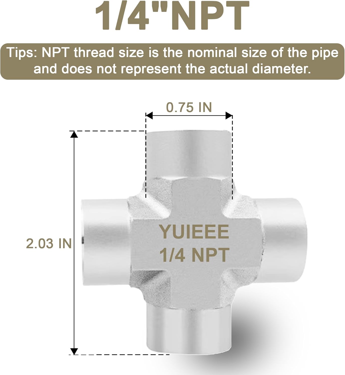 4-Way Pipe Fitting Connector, 1/4" NPT Female Thread Cross Pipe Fittings, 304 Stainless Steel Barstock Cross 4 Way Connector, 1/4" NPT Female Pipe Adapter with Teflon Tape for Air, Water, Fuel